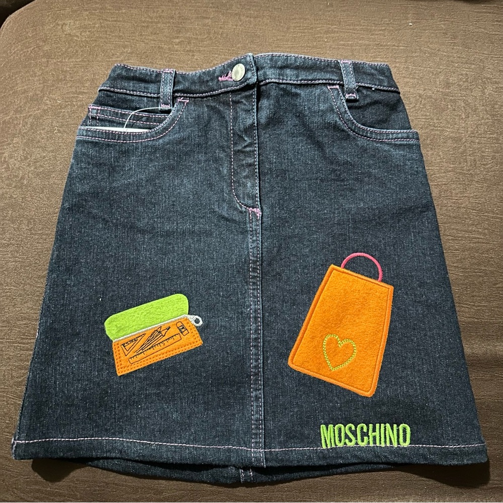 NWT Moschino Bambino Dark Blue Denim Skirt with Orange and Green Details 4A